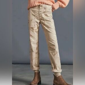 anthropologie tan gold foil camouflage  button front pant